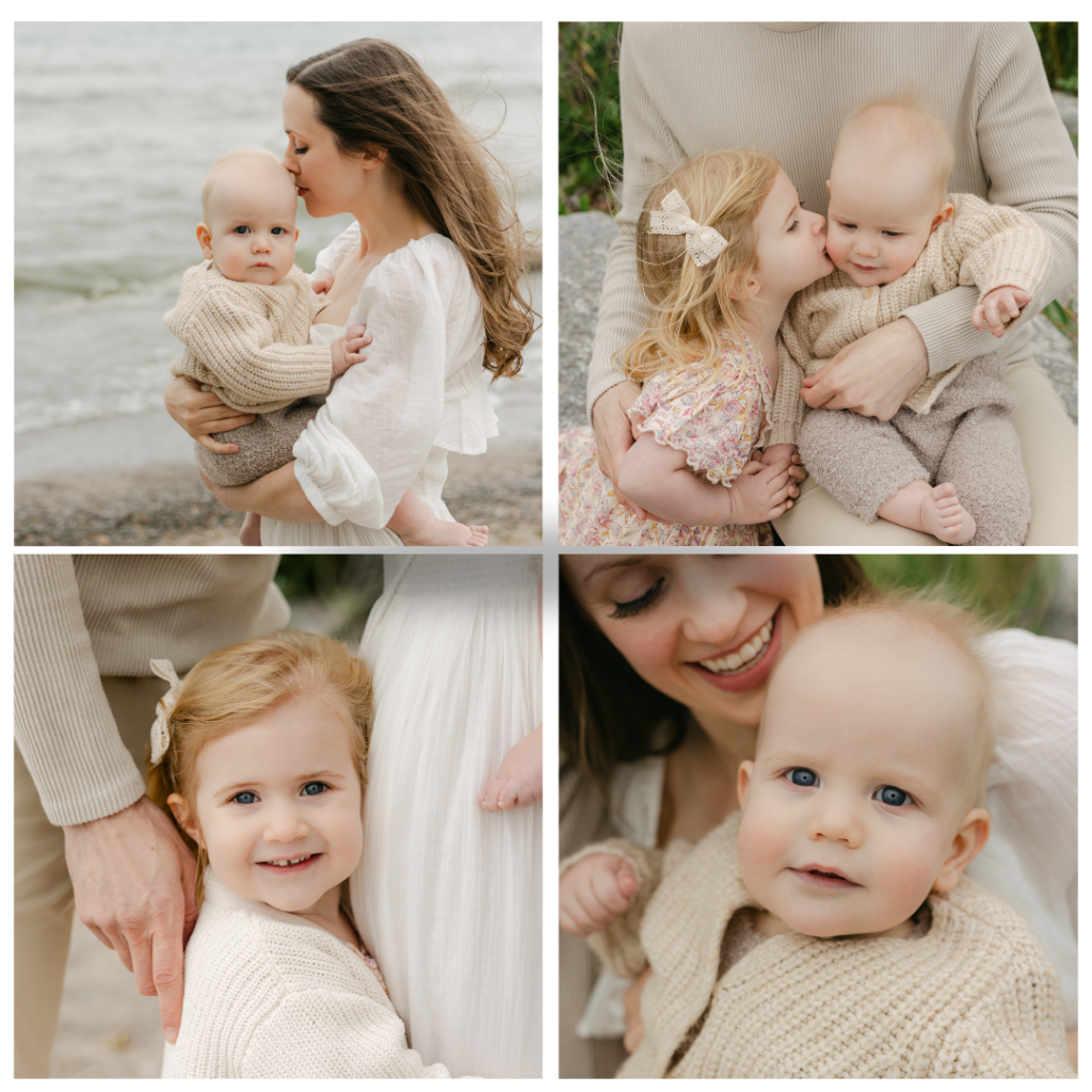 A family in Toronto beach hugging, kissing, and cuddling